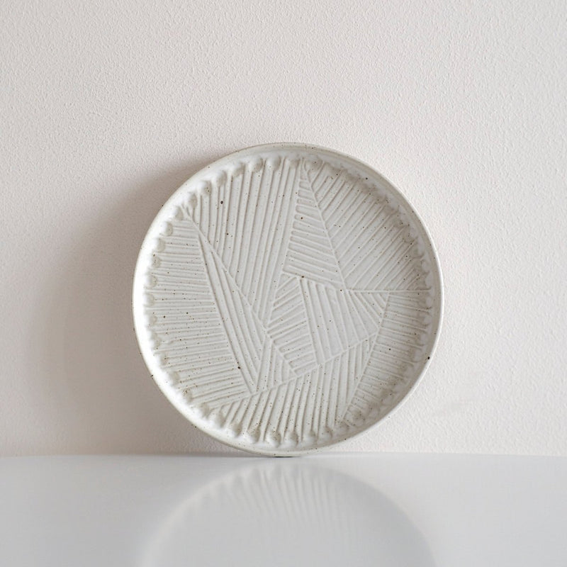 Carved Speckled White Flat Dinner Plate